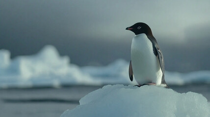Obraz premium Gentoo penguin standing on iceberg in Antarctic waters, serene scene