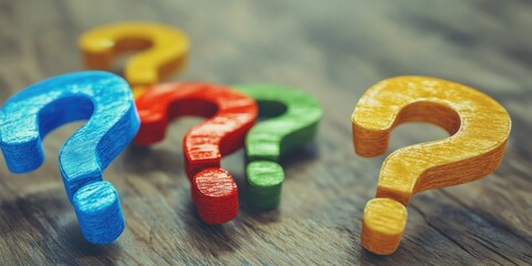 A group of wooden question marks arranged on a table, perfect for representing curiosity or uncertainty in various contexts