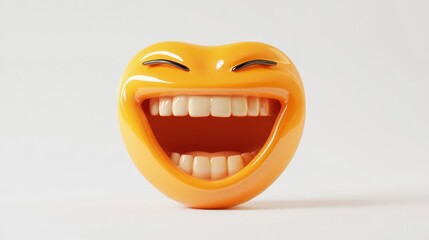 3D Render of a Joyful, Open-Mouthed Yellow Smiley Face Laughing on White Background
