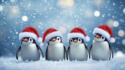 Four penguins wearing Santa hats stand together in snowy winter scene