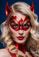 Obraz premium Woman wearing a vibrant red and gold superhero mask with playful horns for a festive look