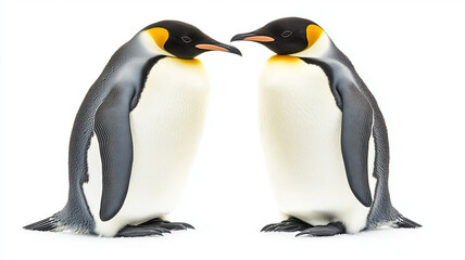 Fototapeta premium Emperor penguins couple standing together white background, showcasing their unique features and