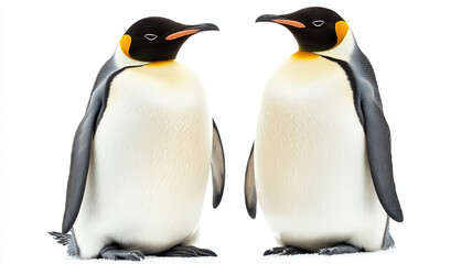 Fototapeta premium Emperor penguins couple standing together white background, showcasing their unique features and