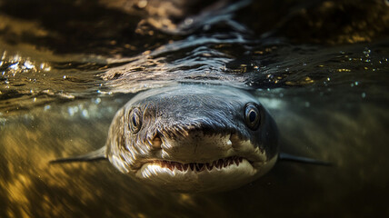 Fototapeta premium Eerie underwater shot of dark menacing shark eyes peering through water