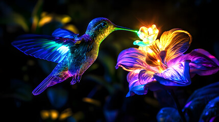 Vivid Hummingbird Feeding on Radiant Flower in a Tropical Paradise, Showcasing Nature's Beauty and Colorful Artistry Under Ethereal Lighting Conditions