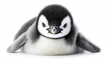 Obraz premium Cute penguin chick with fluffy feathers on white background