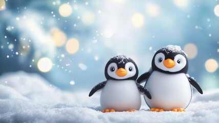 Fototapeta premium Cute penguin family in snow, enjoying winter wonderland together