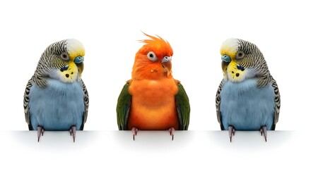 Naklejka premium A hyper-realistic, 4K image of three colorful birds perched in a row. The birds have vibrant plumage with different colors, and the background is a solid pure white color, making the colors of the bir