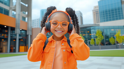 Fototapeta premium A young girl walks down the street listening to music on headphones