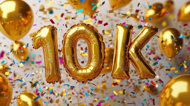 Celebrate hitting 10,000 subscribers with shiny gold "10K" balloons, surrounded by vibrant flying confetti. A cheerful and festive banner radiating excitement and joy
