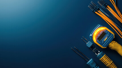 Tools for electrical work, including voltmeter and probes, on blue background
