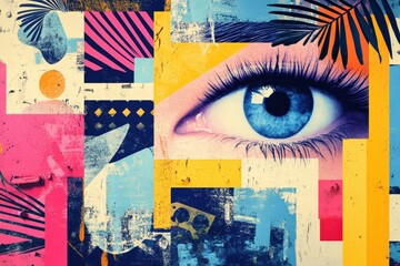 Artistic Collage Featuring an Eye Surrounded by Vibrant Colors and Geometric Shapes Representing Modern Creativity and Aesthetic Expression