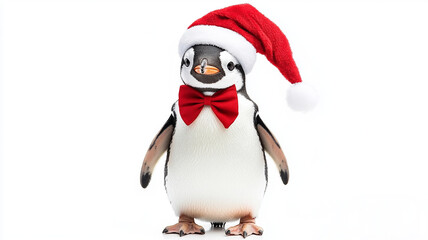 Fototapeta premium Festive penguin in Santa hat and red bow tie, ready for Christmas cheer