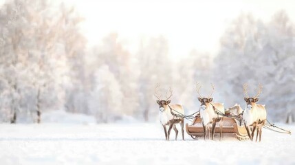 Reindeer pulling sleigh through snowy winter landscape.