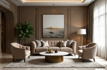 Fototapeta premium elegant and stylish urban apartment, interior design with artwork on wall. luxury living room with modern furniture, velvet armchairs, gold accents and marble coffee table under soft lighting