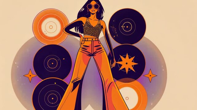 retro disco queen with flared pants and vinyl records