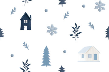 Fototapeta premium Seamless patterns of Christmas style blue felt house, fir trees and snowflakes on white background. Winter New Year illustration for printing on fabric, wrapping paper and holiday and new year prints
