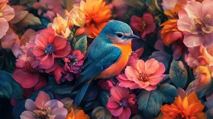 Obraz premium Vivid Bird Among Vibrant Flowers