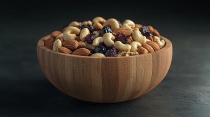 A small wooden bowl filled with mixed nuts