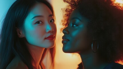 Two fashion models posing under colorful neon lights
