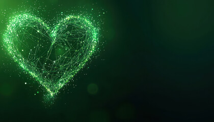 Glowing green heart made of connected lines and dots on dark background