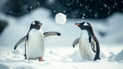 Obraz premium Penguins playfully throw snowballs in snowy landscape, creating joy