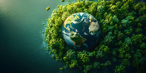 Fototapeta premium Earth Surrounded by Lush Green Forests and Calm Waters Symbolizing Environmental Balance and Harmony between Nature and Planet's Health