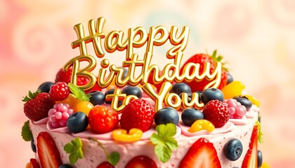 Fototapeta premium Delicious Fruit Cake Happy Birthday To You