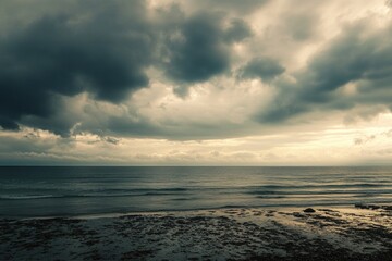 Fototapeta premium A person strolling along the shore, enjoying the overcast weather