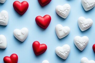 Fototapeta premium A lot of white and red hearts on a blue surface