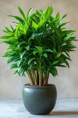 Fototapeta premium Lush green Dracaena plant in a dark grey pot against a neutral background.