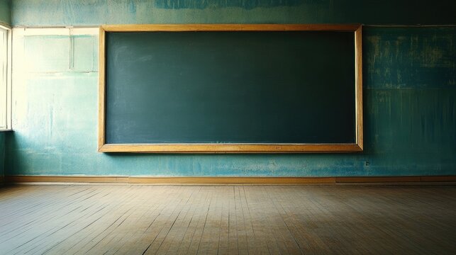 Empty Classroom with Vintage Green Chalkboard and Wooden Floor, Natural Light Streaming Through the Window, Ideal for Educational Themes and Creative Concepts
