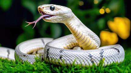 Fototapeta premium Close-up shot of a snake's mouth open, revealing sharp teeth and tongue