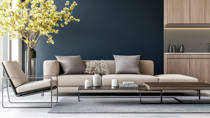Modern living room with navy blue accent wall and stylish furniture