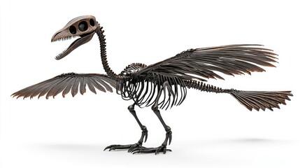 A detailed skeleton of a prehistoric bird, showcasing its wings and skeletal structure.
