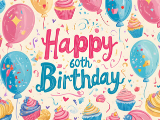Colorful Birthday Celebration Background with Balloons, Cupcakes, and Festive Decorations for a 60th Birthday Party Invitation or Greeting Card Design