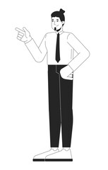 Confident suit tie business man gesture pointing finger black and white 2D line character. Caucasian boss aiming finger gun cheerful isolated vector outline person. Monochromatic spot illustration