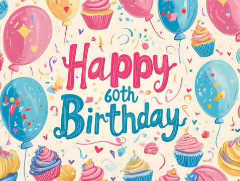 Colorful Birthday Celebration Background with Balloons, Cupcakes, and Festive Decorations for a 60th Birthday Party Invitation or Greeting Card Design - Powered by Adobe