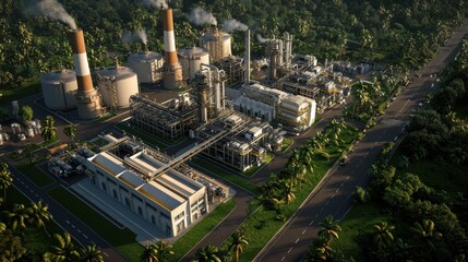 Fototapeta premium Aerial view of an industrial complex surrounded by greenery, featuring smokestacks and various machinery, illustrating industrial activity in a natural setting.