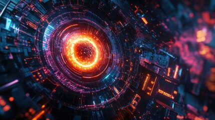 Obraz premium Futuristic Abstract Composition of a Glowing Energy Core Surrounded by Intricate Digital Patterns and Neon Highlights, Representing Technology and Innovation