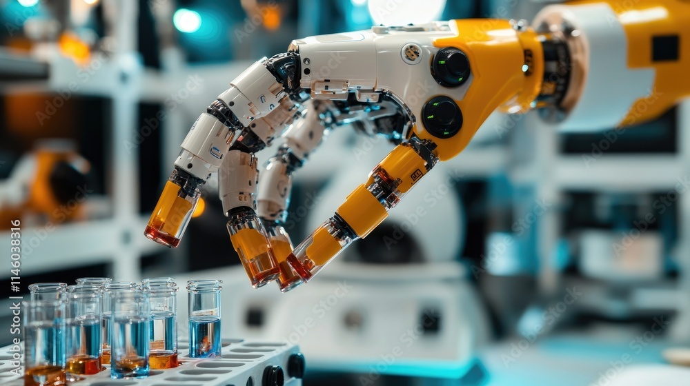 Poster advanced robotic hand manipulating test tubes in a laboratory setting showcasing automation technolo