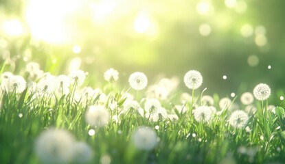 Fototapeta premium A Serene Meadow of Dandelions Glowing in the Soft Morning Light with a Gentle Breeze, Inviting Nature’s Beauty and Peaceful Atmosphere