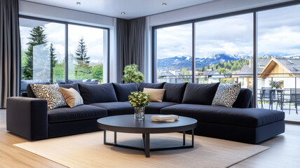 Modern living room with sapphire blue sectional sofa and mountain view