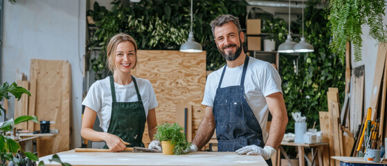 Renovating wooden cabinet, couple smiles in workshop filled with greenery
