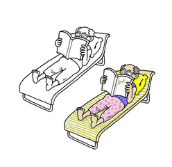 man reading a book, color and black and white illustrations