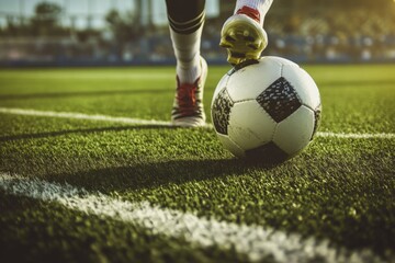 Fototapeta premium A soccer ball on a green soccer field, ready for a match