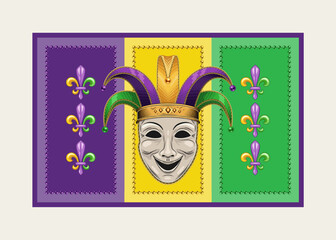 Rectangular Mardi Gras banner, flag with Fleur de Lis symbol, beads, jester face mask in harlequin hat. Traditional holiday colors. Vintage style © OA_Creation