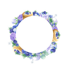 Pancakes, cakes, blueberry, blackberry, marshmallows, cake pops in purple and green colors round wreath. Hand draw watercolor isolated illustration with copy space for text for round tableware, plate.