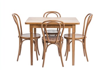 Wooden dining set, table and four chairs isolated on white.