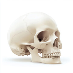 Replica human skull displayed on a white background illustrating anatomy and structure in detail for educational purposes